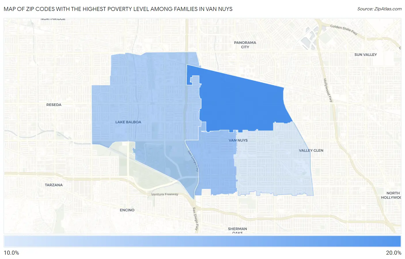 Zip Codes with the Highest Poverty Level Among Families in Van Nuys Map