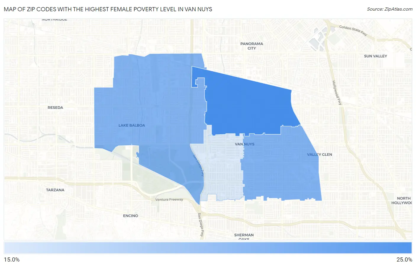 Zip Codes with the Highest Female Poverty Level in Van Nuys Map