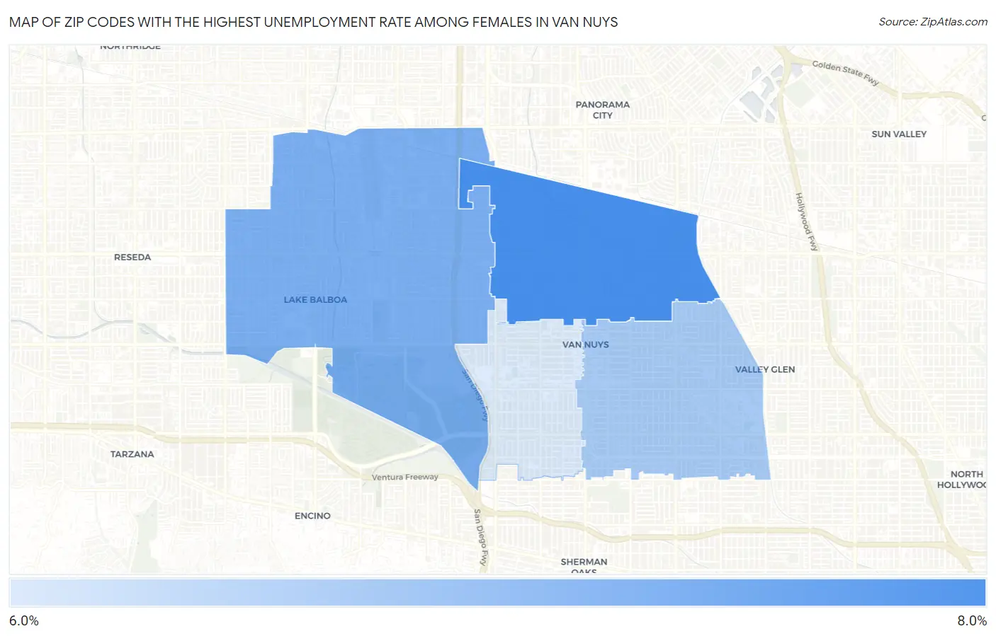 Zip Codes with the Highest Unemployment Rate Among Females in Van Nuys Map