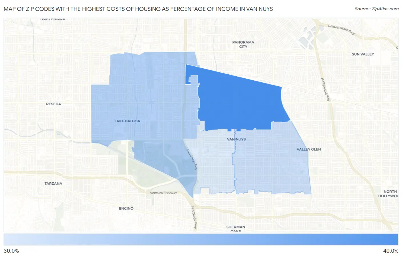 Zip Codes with the Highest Costs of Housing as Percentage of Income in Van Nuys Map