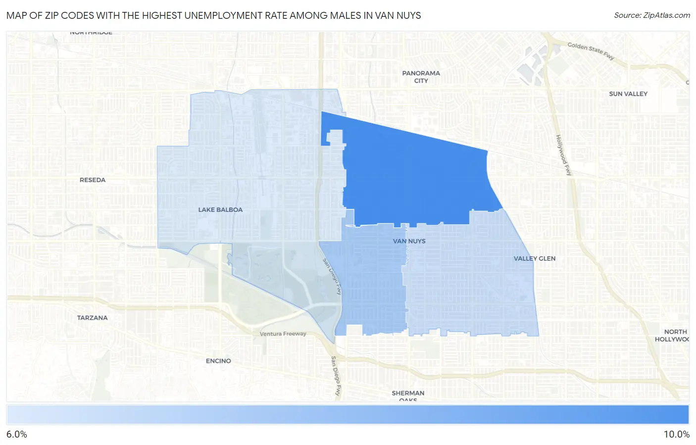 Zip Codes with the Highest Unemployment Rate Among Males in Van Nuys Map