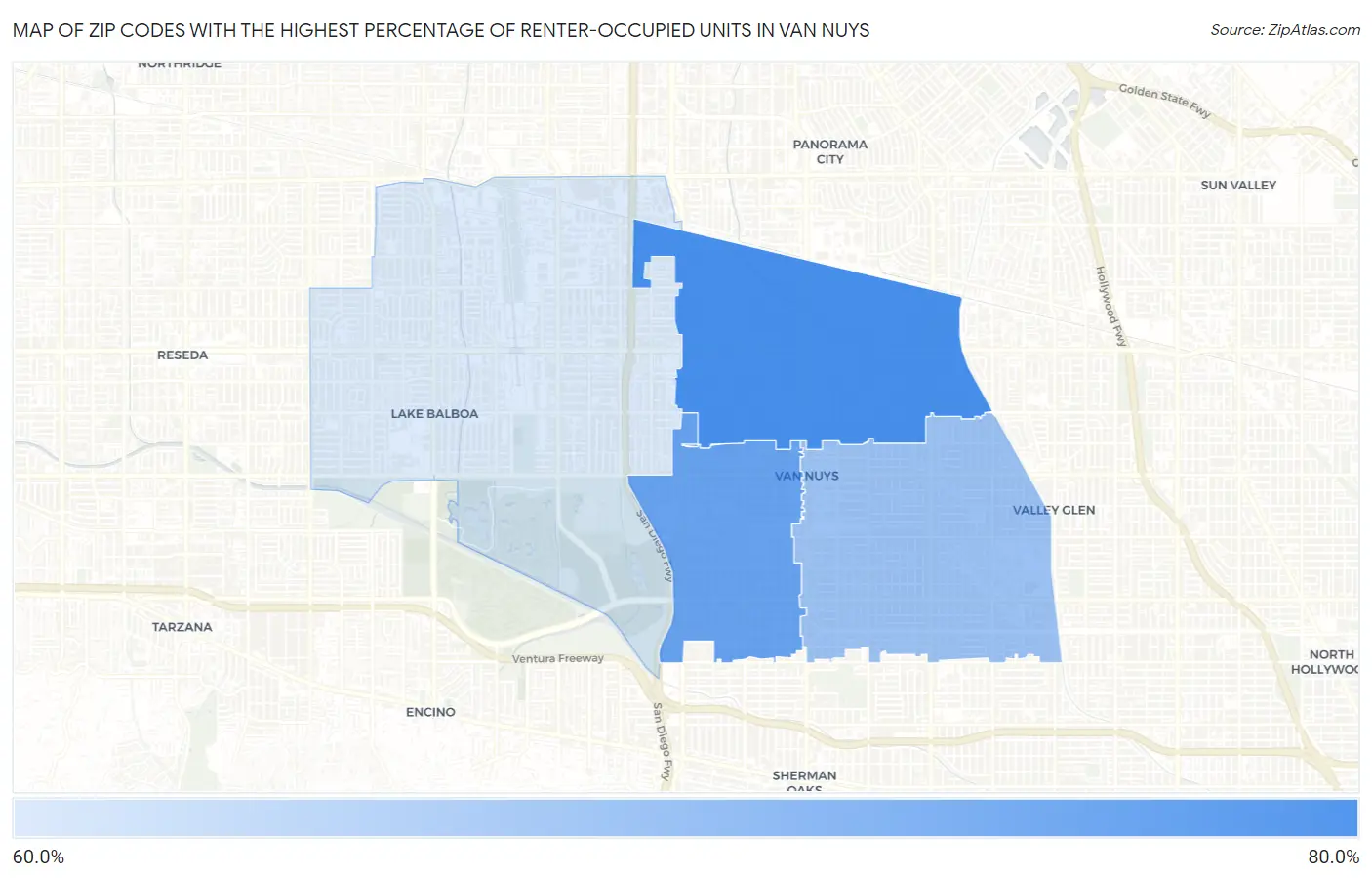 Zip Codes with the Highest Percentage of Renter-Occupied Units in Van Nuys Map