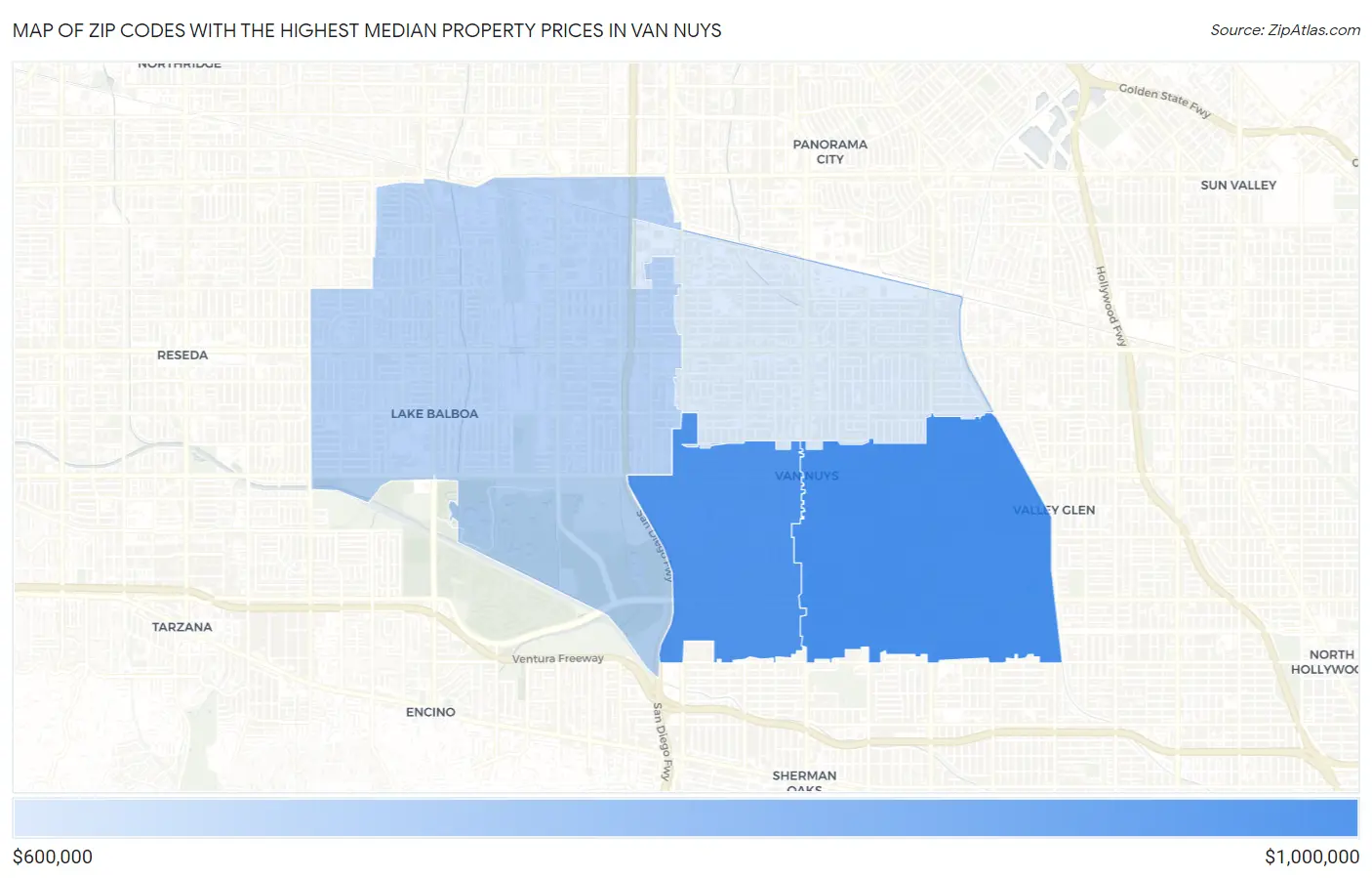 Zip Codes with the Highest Median Property Prices in Van Nuys Map