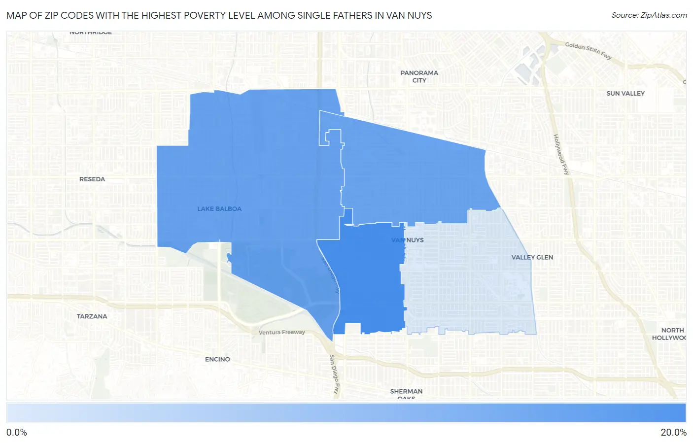 Zip Codes with the Highest Poverty Level Among Single Fathers in Van Nuys Map