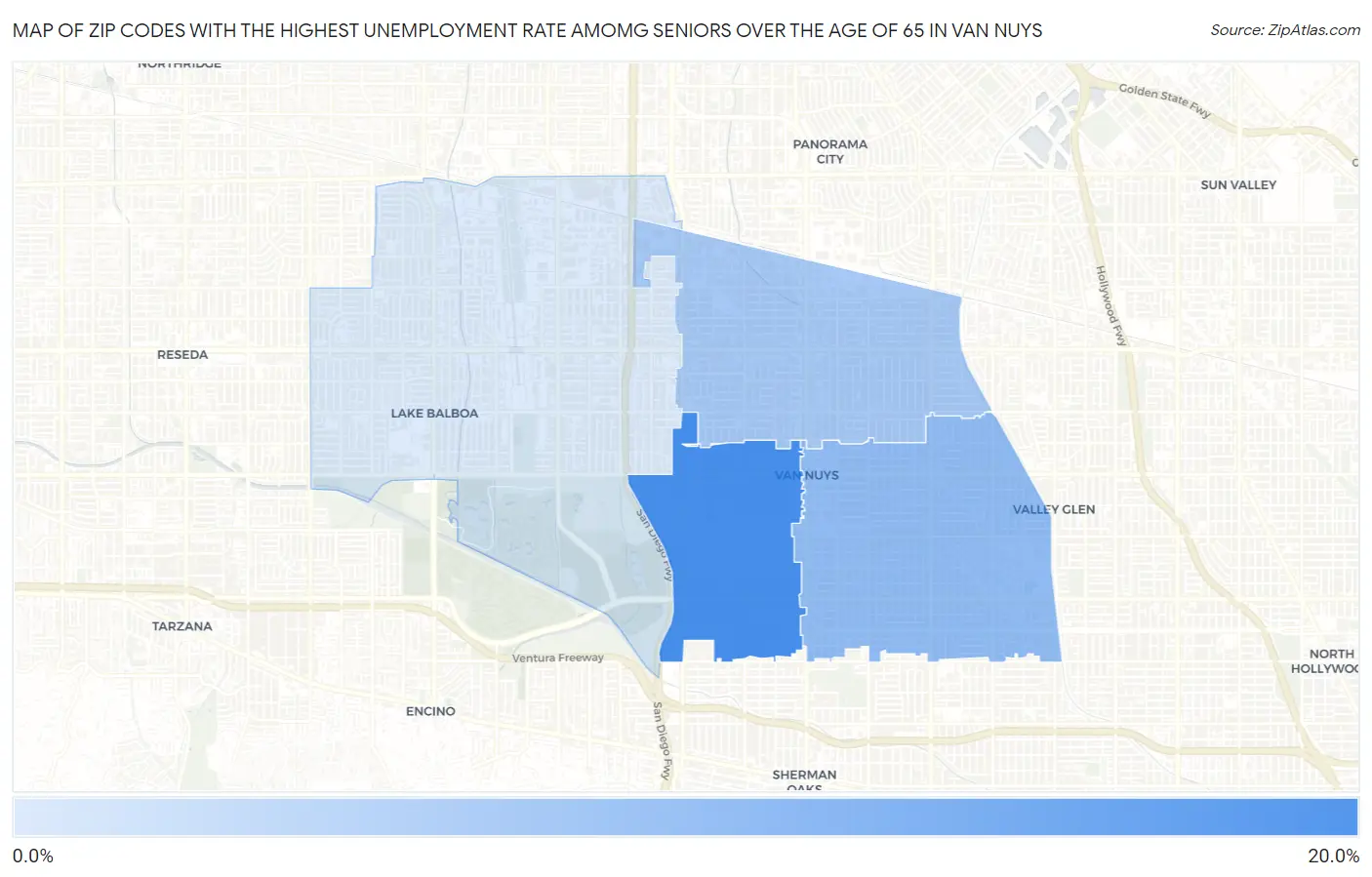 Zip Codes with the Highest Unemployment Rate Amomg Seniors Over the Age of 65 in Van Nuys Map