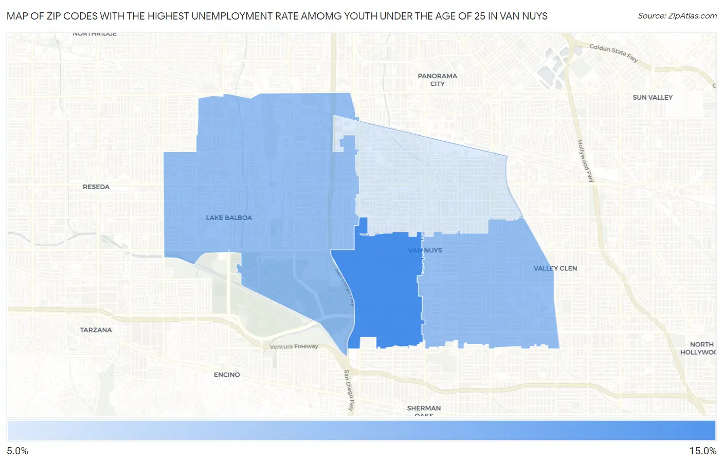 Zip Codes with the Highest Unemployment Rate Amomg Youth Under the Age of 25 in Van Nuys Map