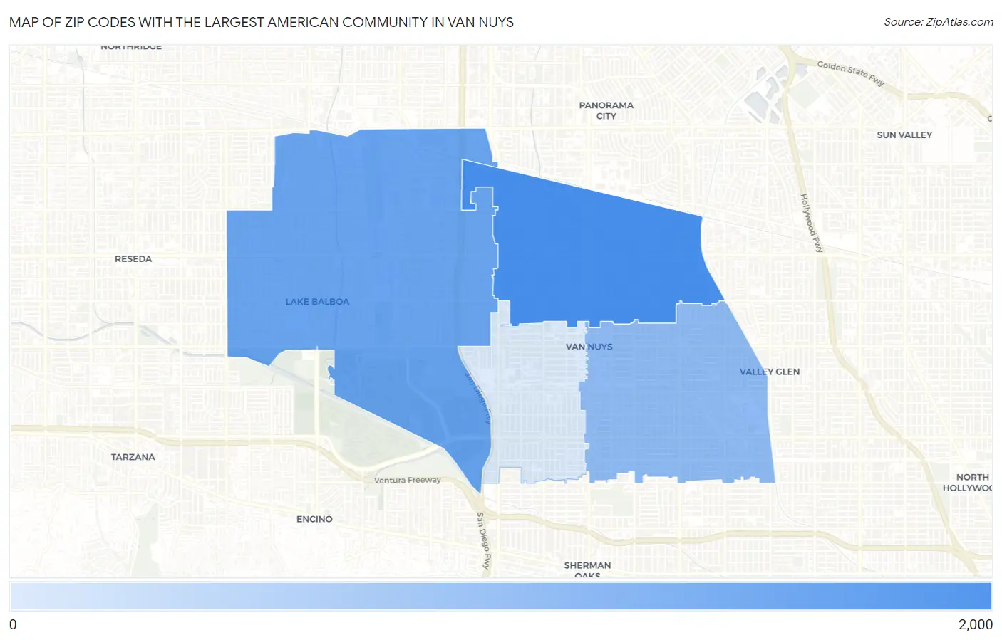 Zip Codes with the Largest American Community in Van Nuys Map