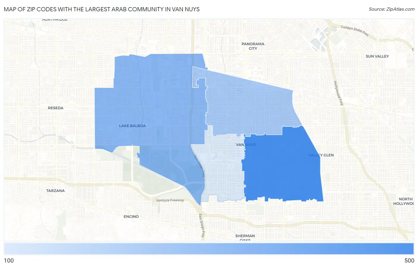 Zip Codes with the Largest Arab Community in Van Nuys Map