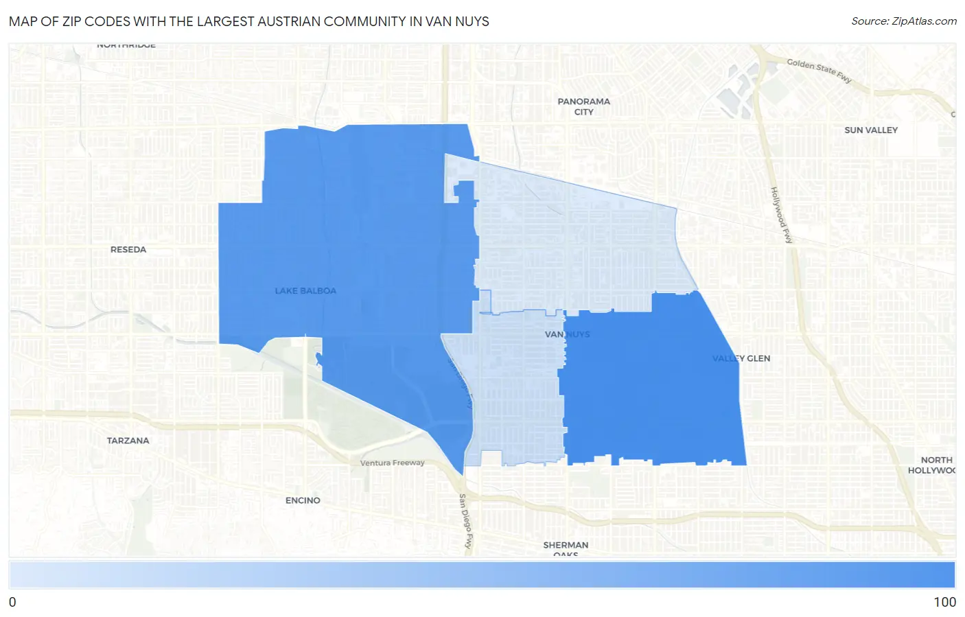 Zip Codes with the Largest Austrian Community in Van Nuys Map