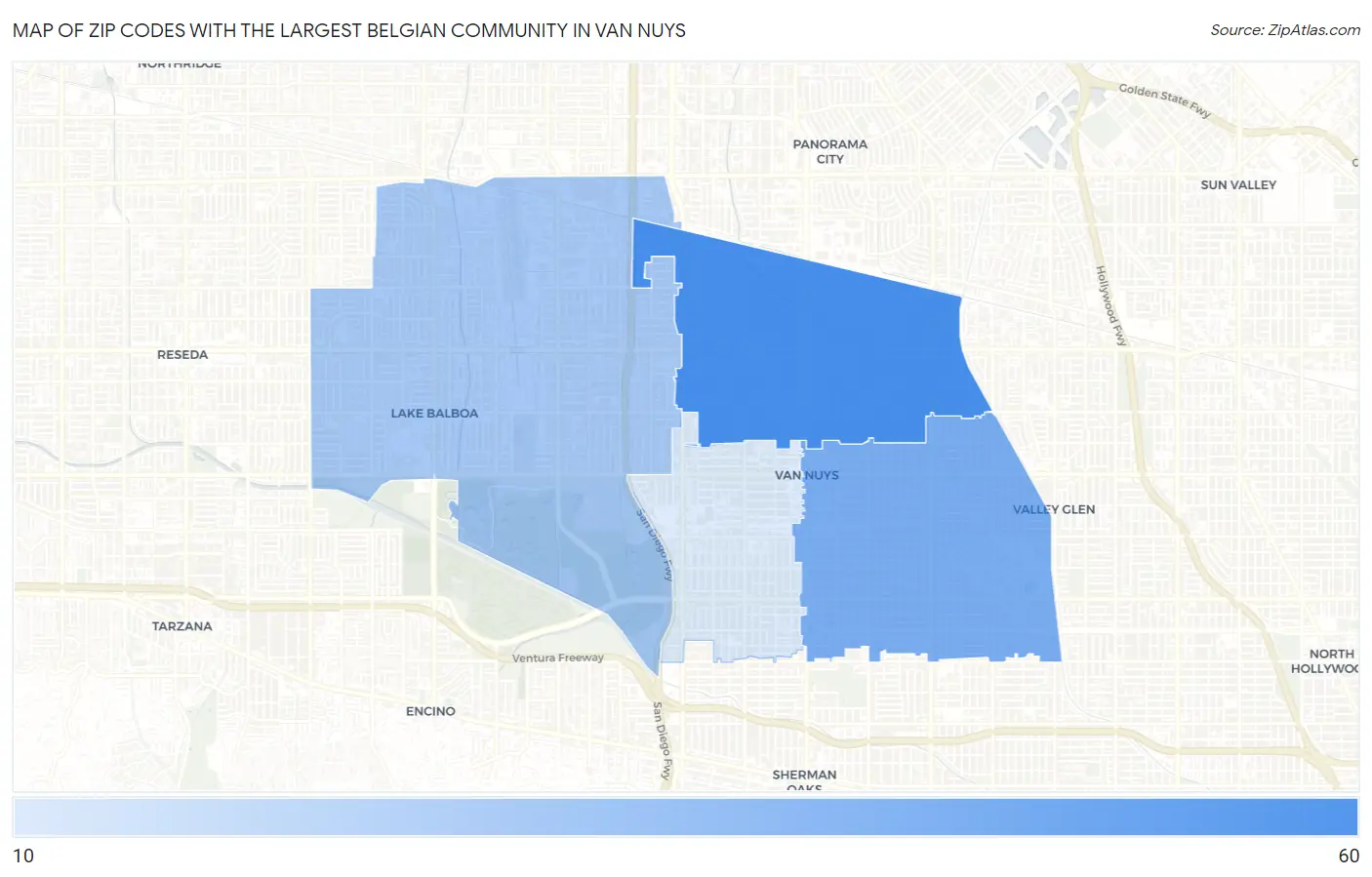 Zip Codes with the Largest Belgian Community in Van Nuys Map