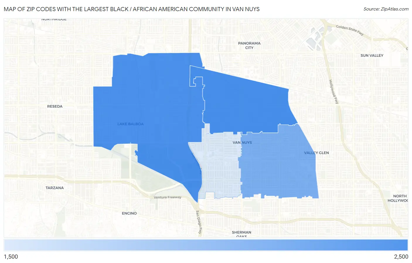Zip Codes with the Largest Black / African American Community in Van Nuys Map
