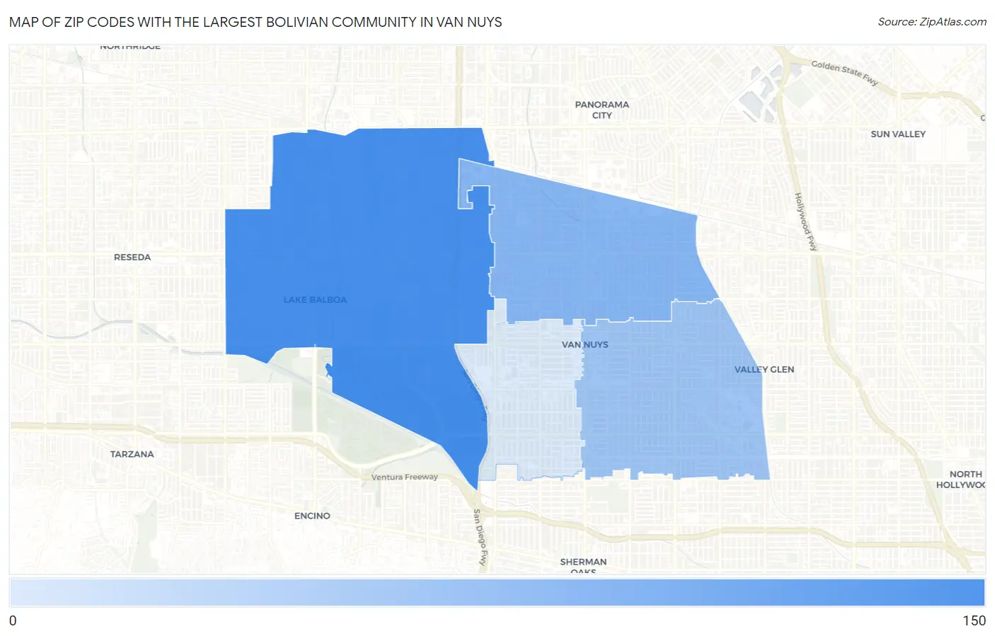 Zip Codes with the Largest Bolivian Community in Van Nuys Map