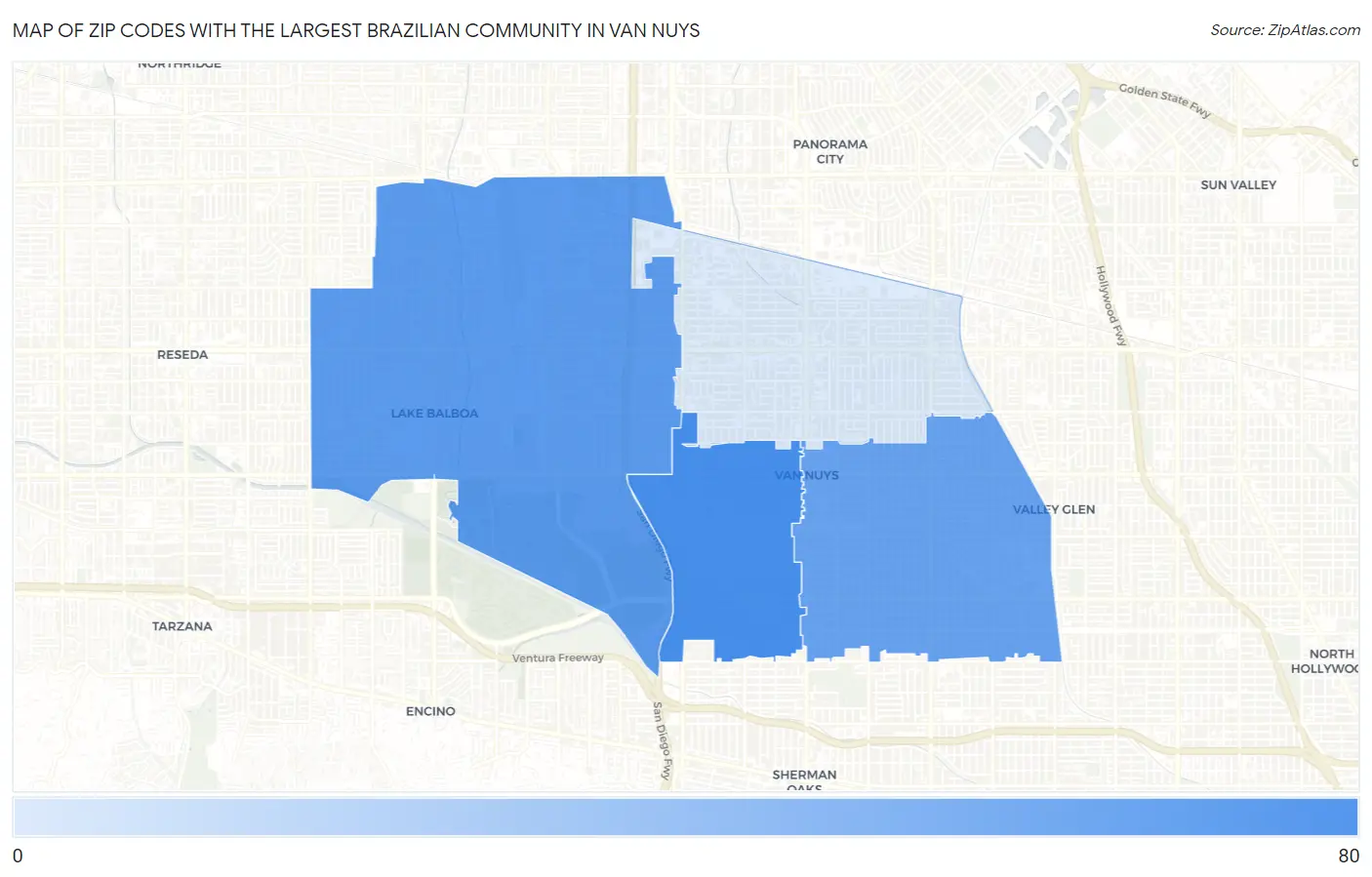 Zip Codes with the Largest Brazilian Community in Van Nuys Map