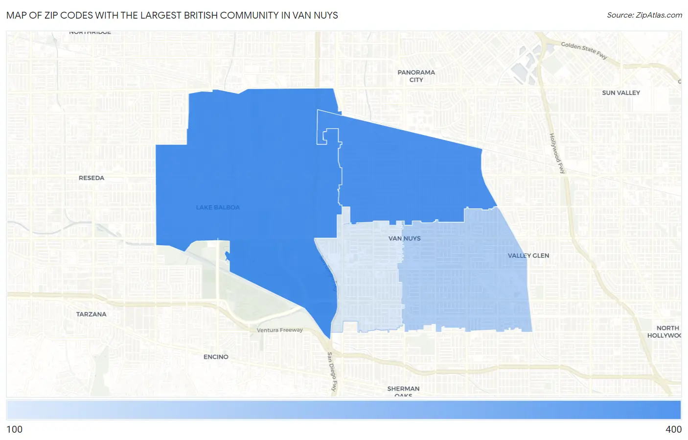 Zip Codes with the Largest British Community in Van Nuys Map
