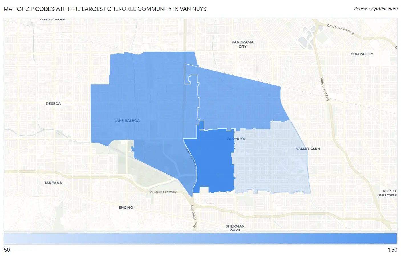Zip Codes with the Largest Cherokee Community in Van Nuys Map