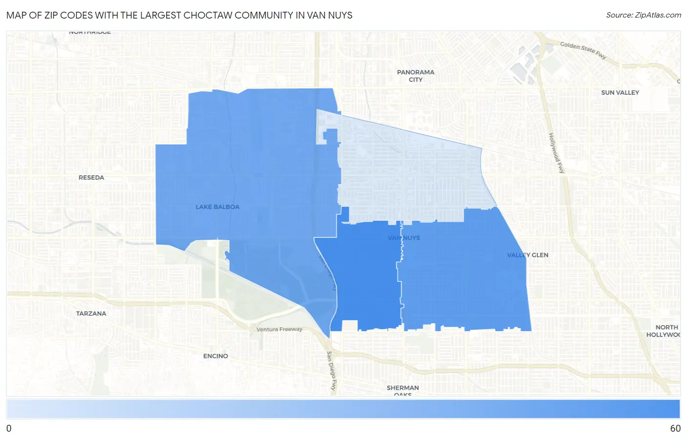 Zip Codes with the Largest Choctaw Community in Van Nuys Map