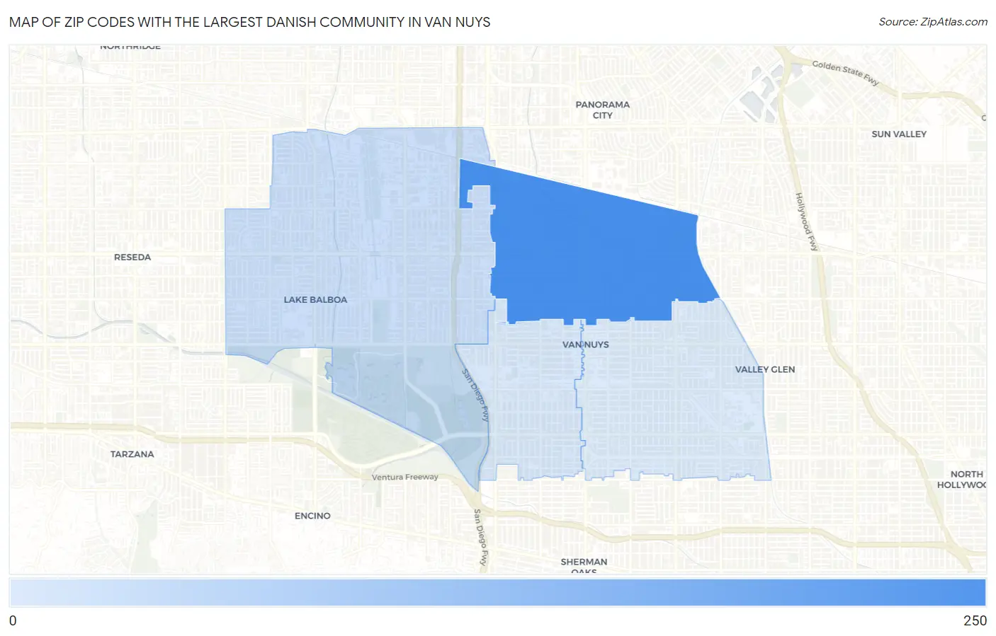 Zip Codes with the Largest Danish Community in Van Nuys Map
