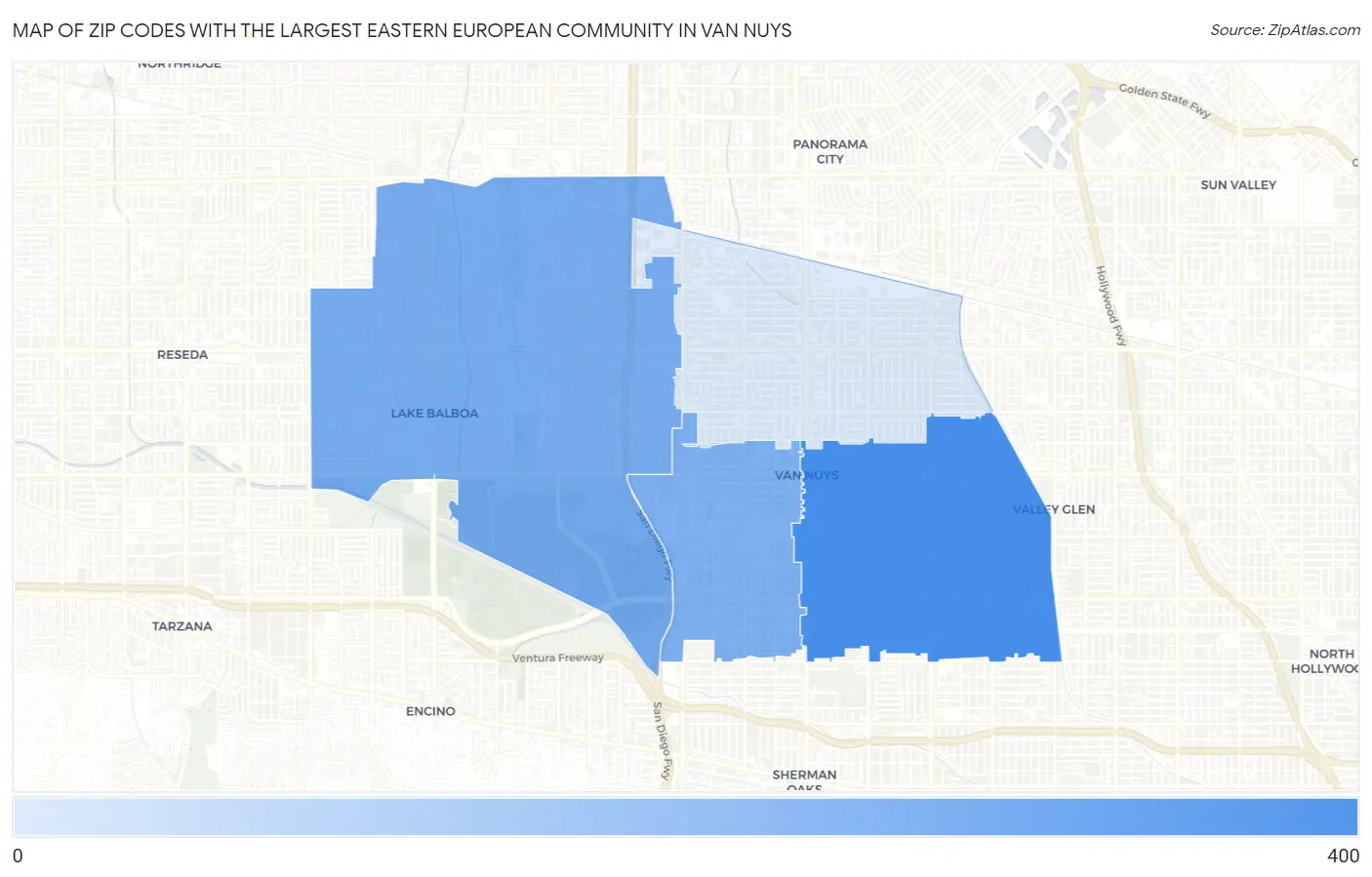 Zip Codes with the Largest Eastern European Community in Van Nuys Map