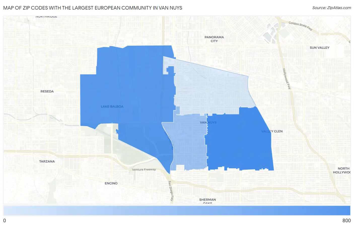 Zip Codes with the Largest European Community in Van Nuys Map