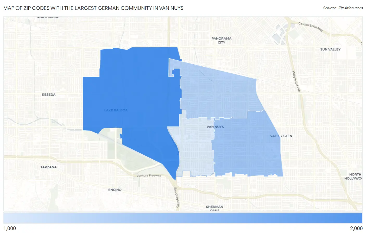 Zip Codes with the Largest German Community in Van Nuys Map