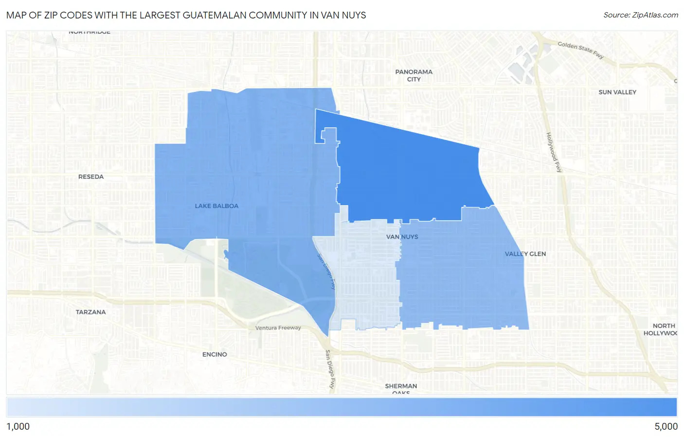 Zip Codes with the Largest Guatemalan Community in Van Nuys Map