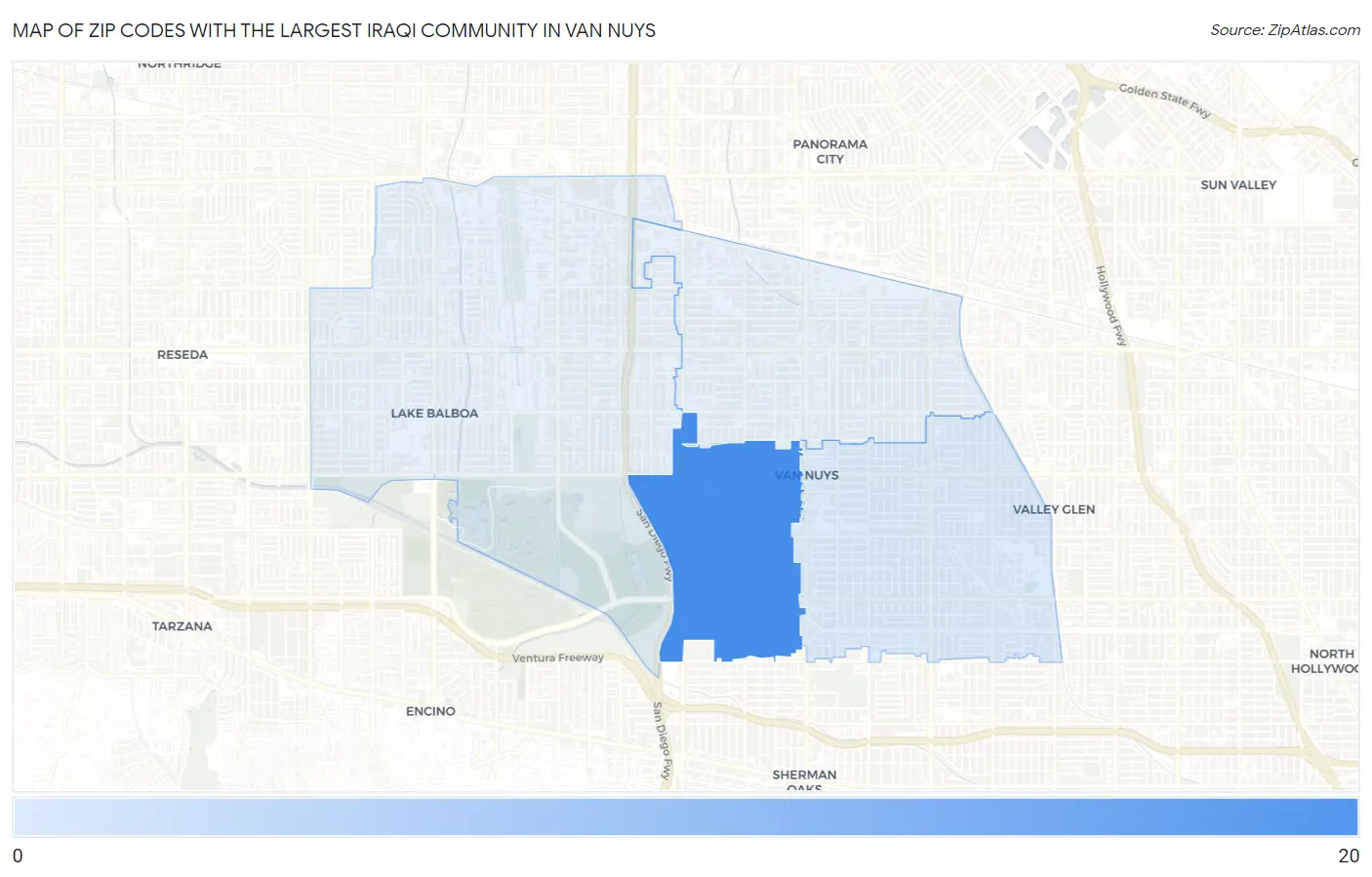 Zip Codes with the Largest Iraqi Community in Van Nuys Map