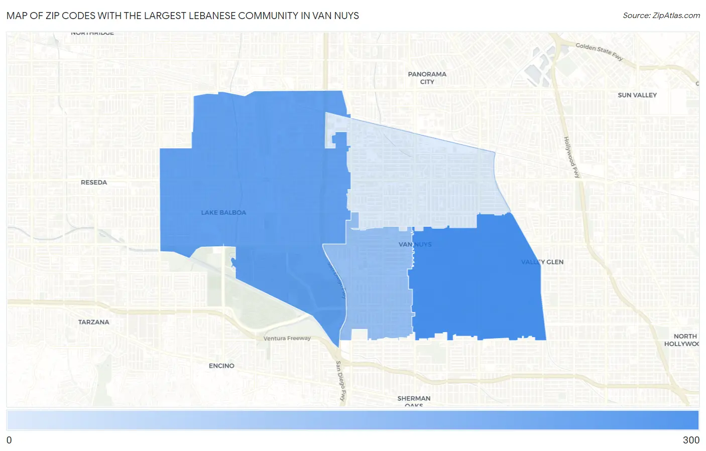 Zip Codes with the Largest Lebanese Community in Van Nuys Map