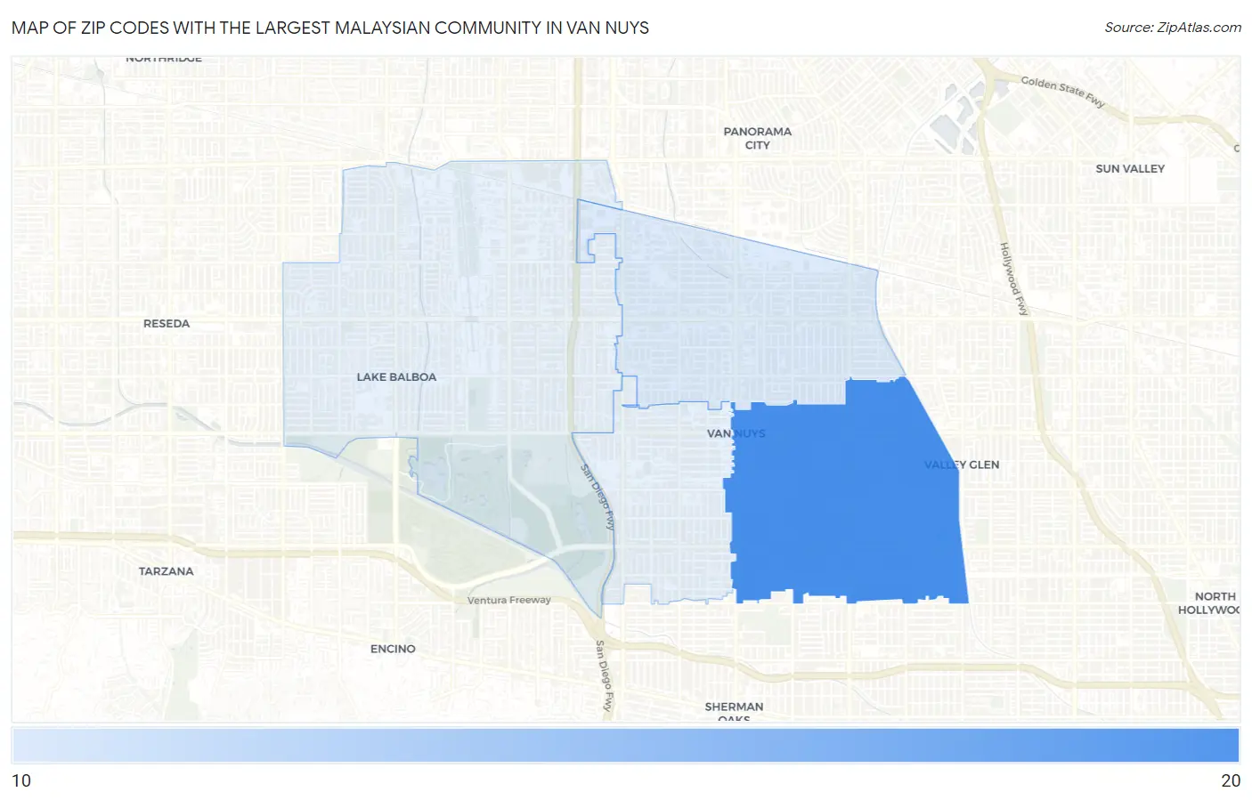 Zip Codes with the Largest Malaysian Community in Van Nuys Map