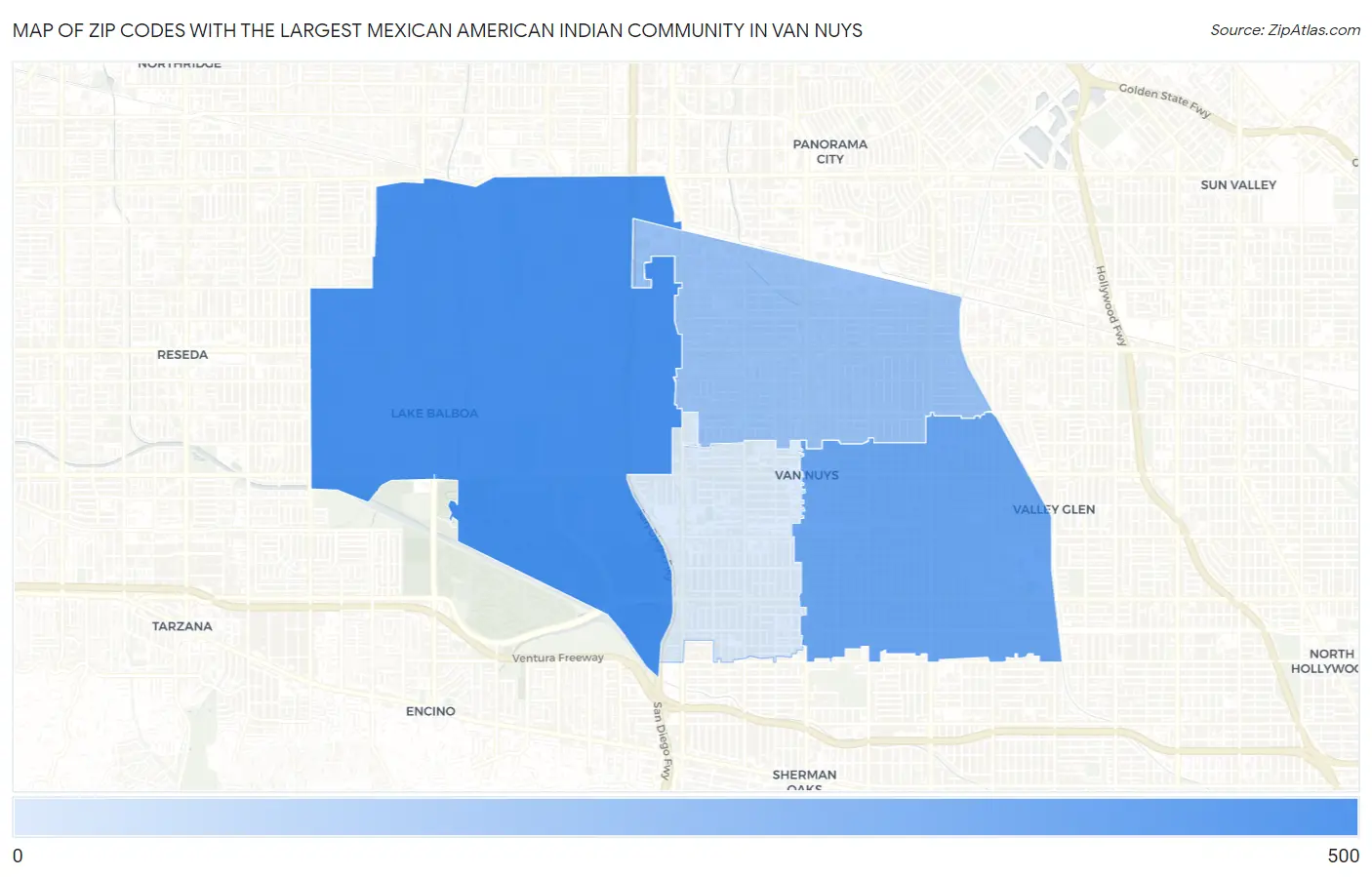 Zip Codes with the Largest Mexican American Indian Community in Van Nuys Map