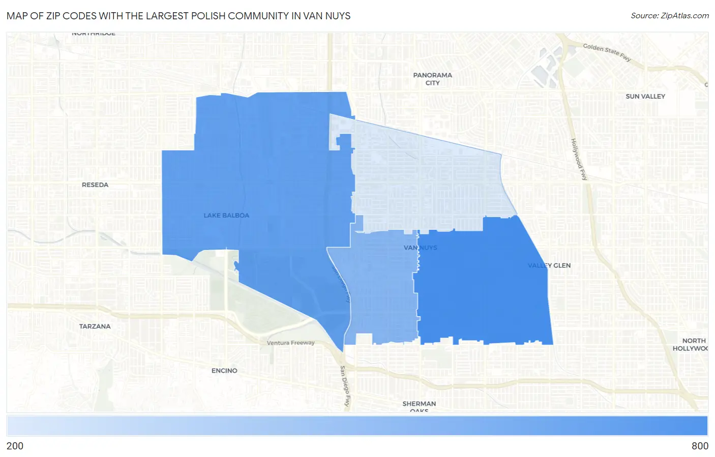 Zip Codes with the Largest Polish Community in Van Nuys Map