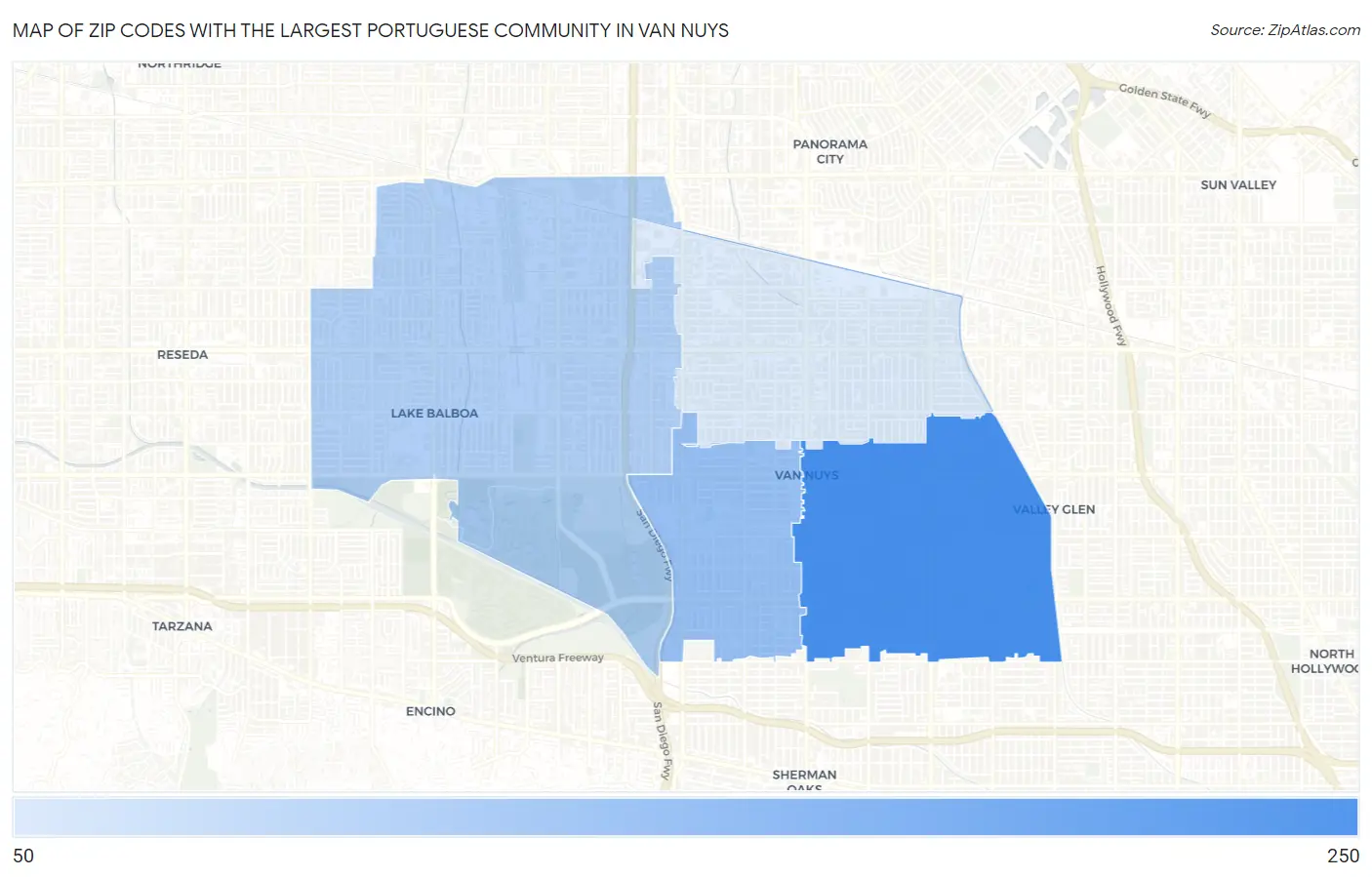 Zip Codes with the Largest Portuguese Community in Van Nuys Map