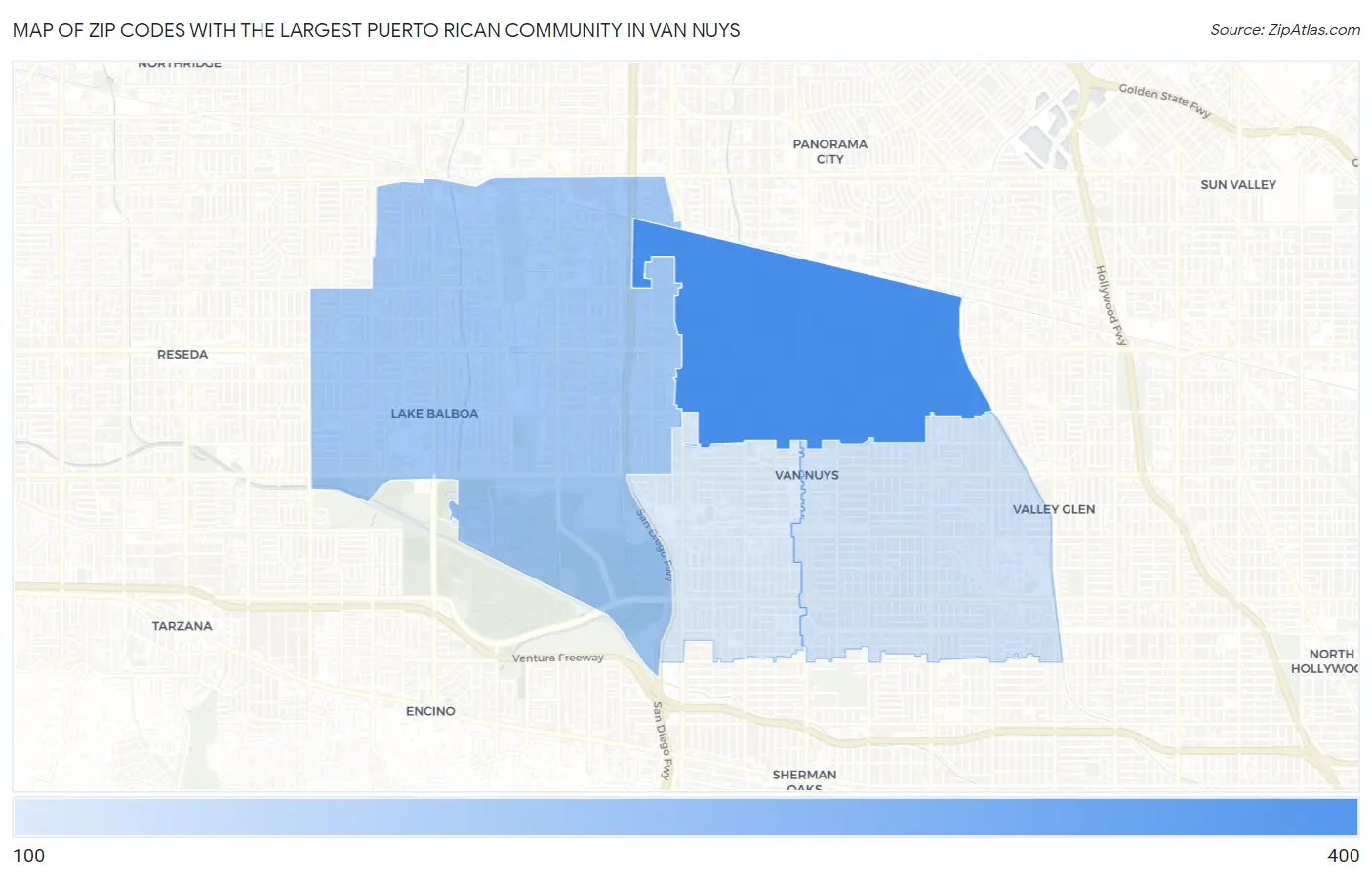 Zip Codes with the Largest Puerto Rican Community in Van Nuys Map