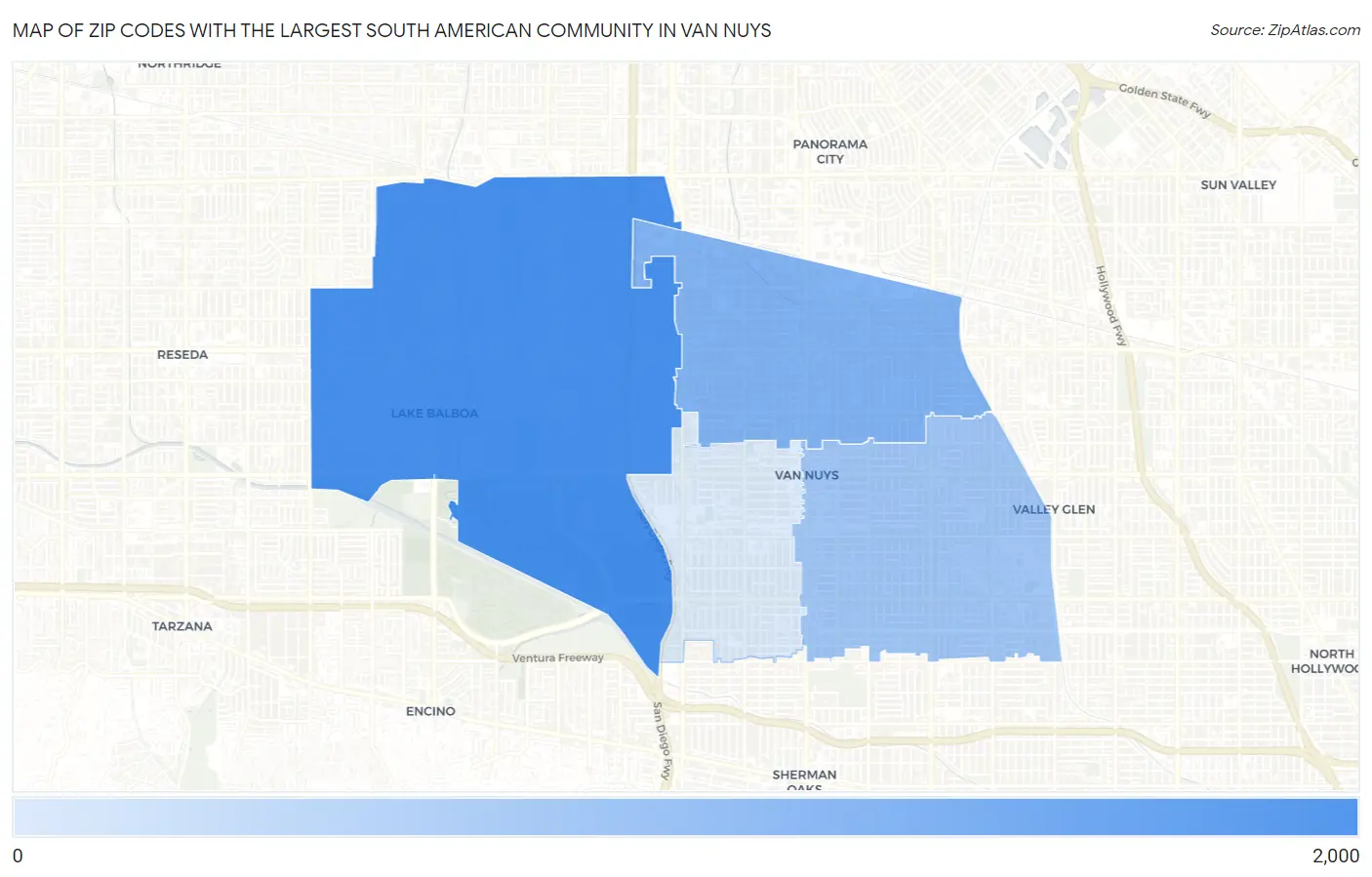 Zip Codes with the Largest South American Community in Van Nuys Map