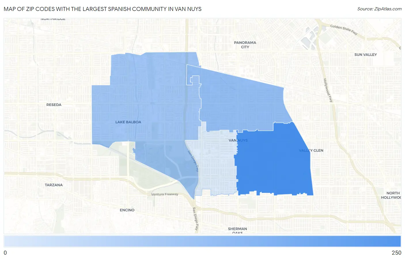 Zip Codes with the Largest Spanish Community in Van Nuys Map