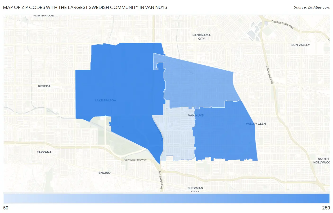 Zip Codes with the Largest Swedish Community in Van Nuys Map