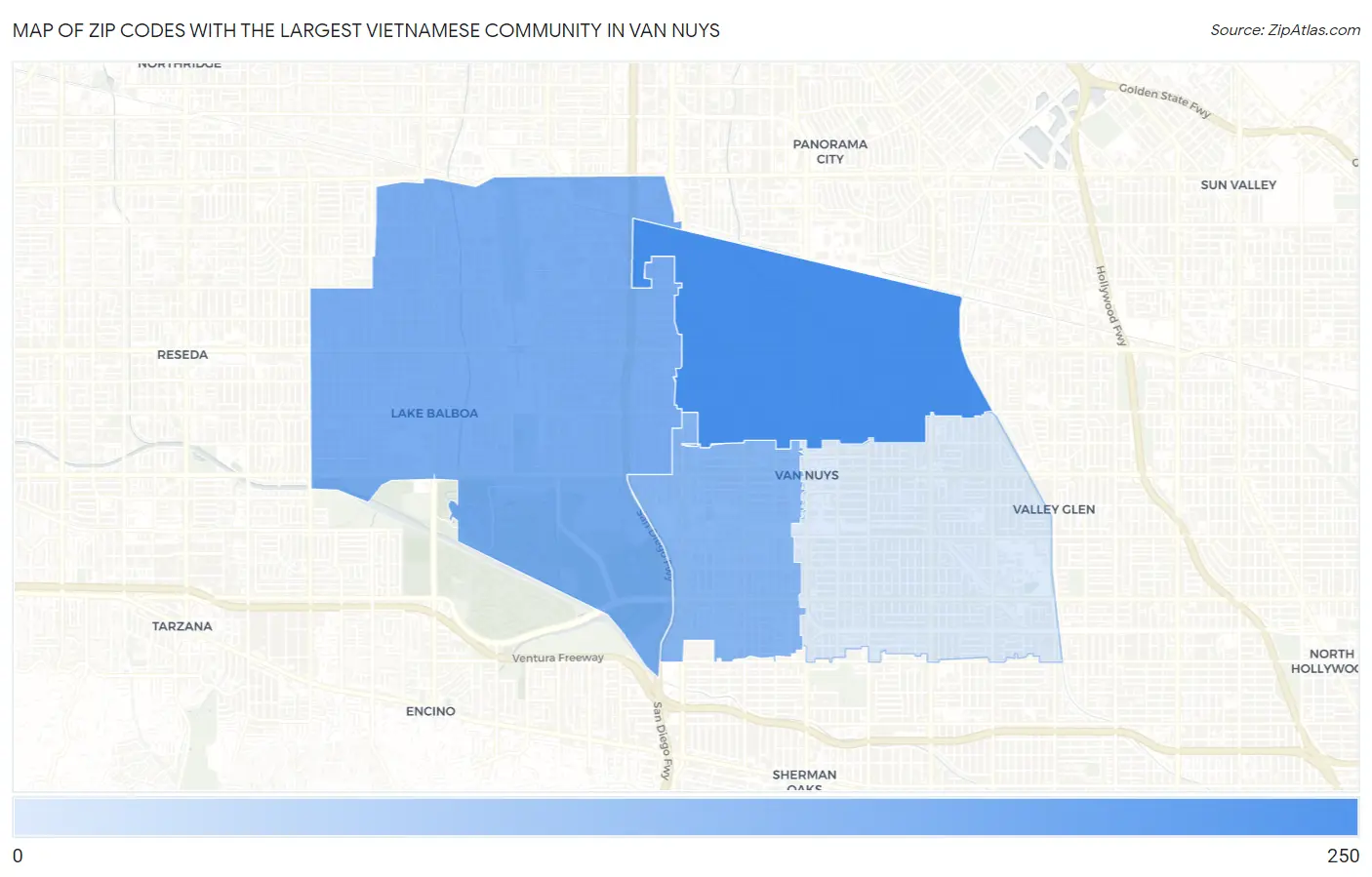 Zip Codes with the Largest Vietnamese Community in Van Nuys Map