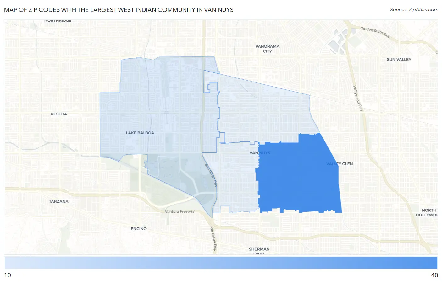 Zip Codes with the Largest West Indian Community in Van Nuys Map