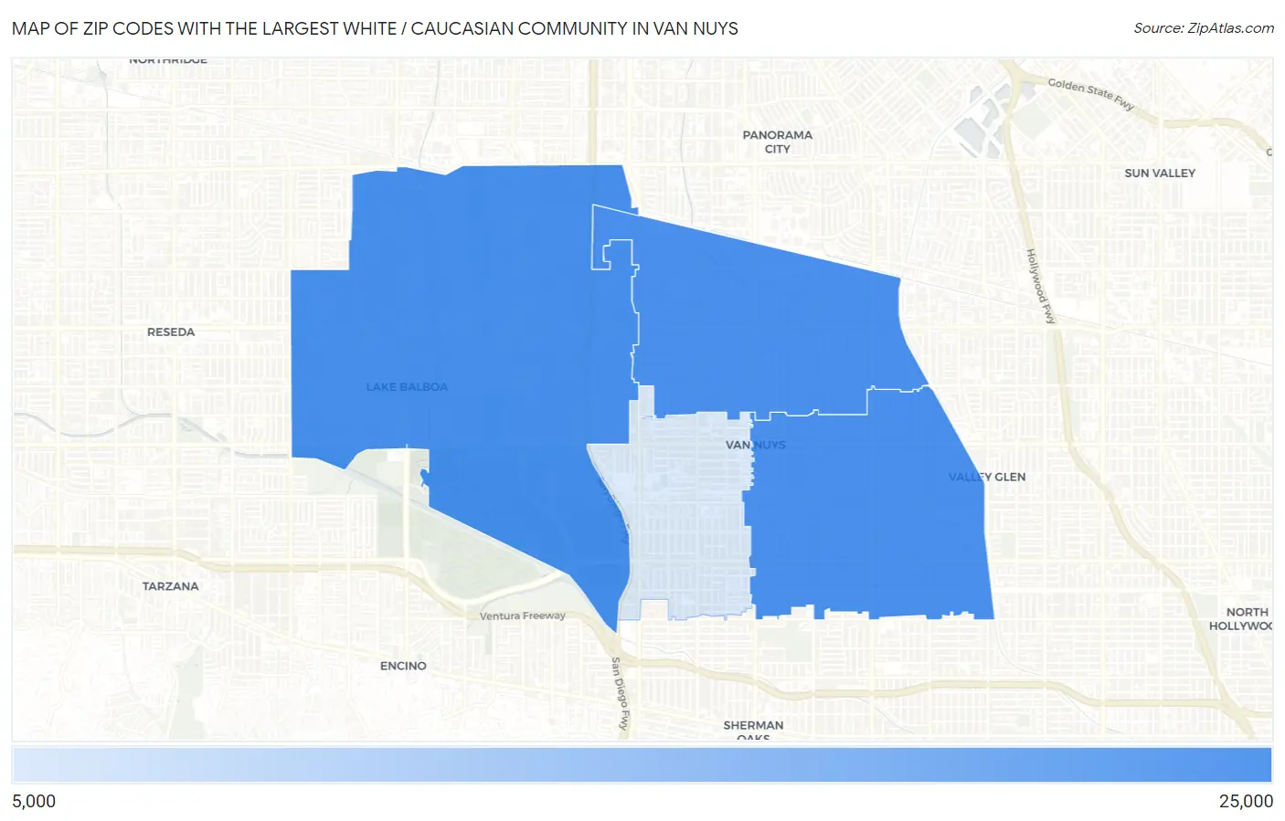 Zip Codes with the Largest White / Caucasian Community in Van Nuys Map