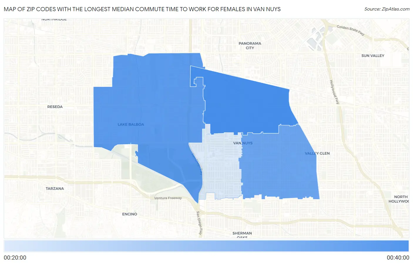 Zip Codes with the Longest Median Commute Time to Work for Females in Van Nuys Map