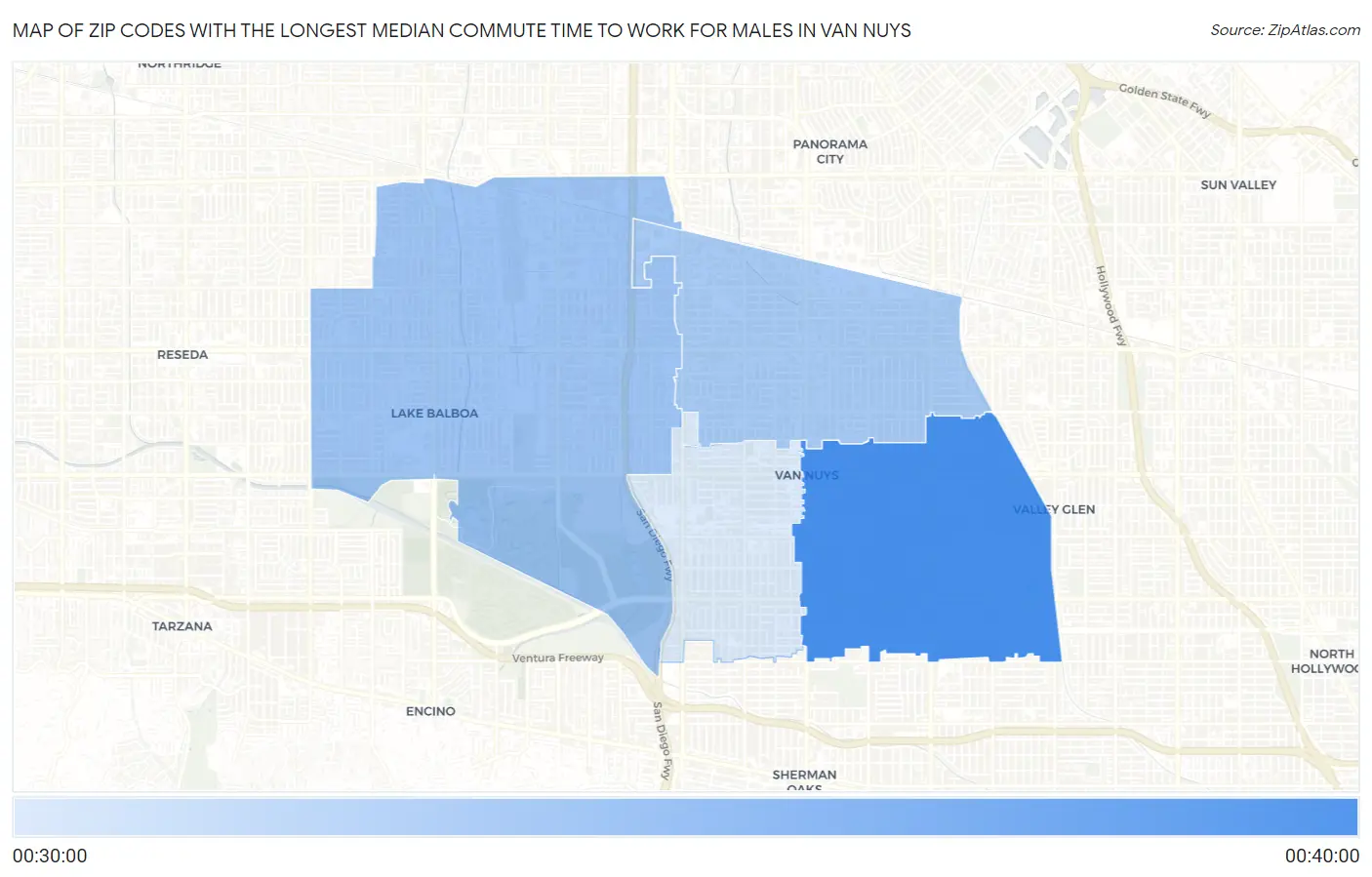 Zip Codes with the Longest Median Commute Time to Work for Males in Van Nuys Map