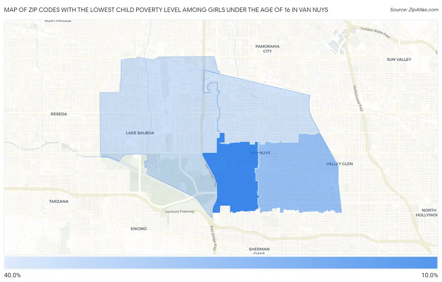 Zip Codes with the Lowest Child Poverty Level Among Girls Under the Age of 16 in Van Nuys Map