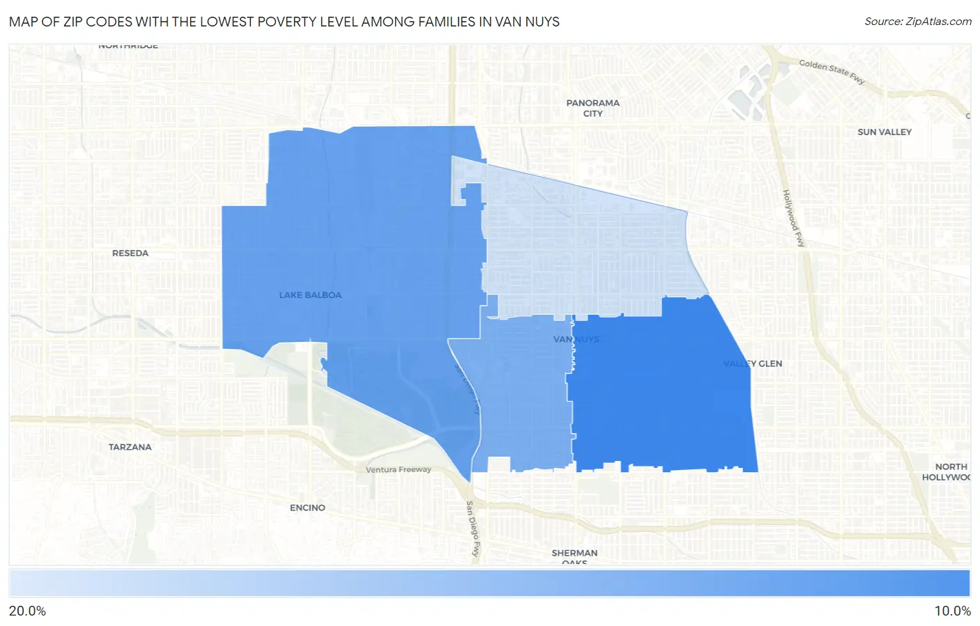 Zip Codes with the Lowest Poverty Level Among Families in Van Nuys Map