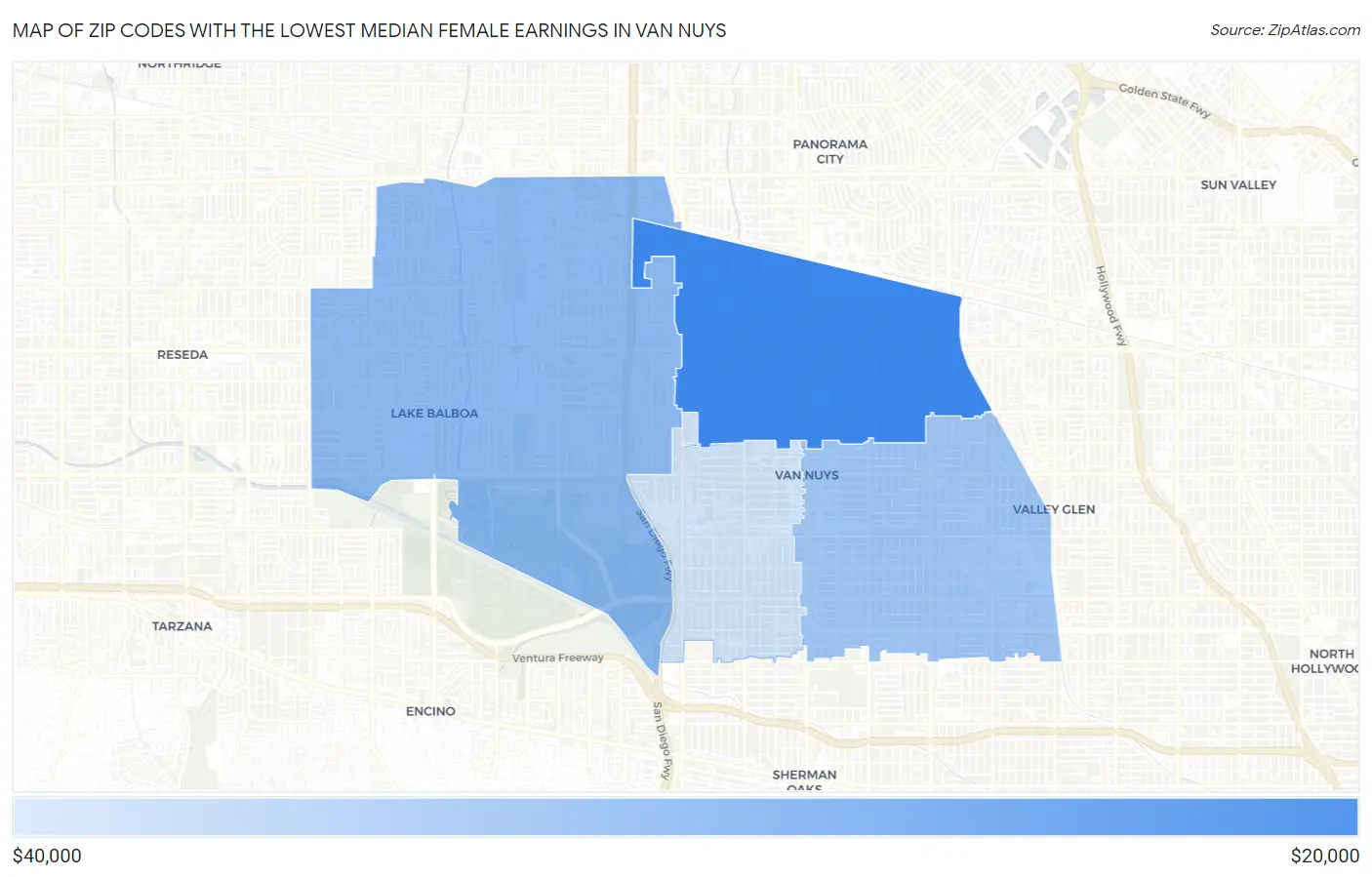 Zip Codes with the Lowest Median Female Earnings in Van Nuys Map