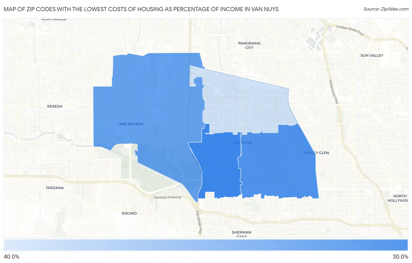 Zip Codes with the Lowest Costs of Housing as Percentage of Income in Van Nuys Map