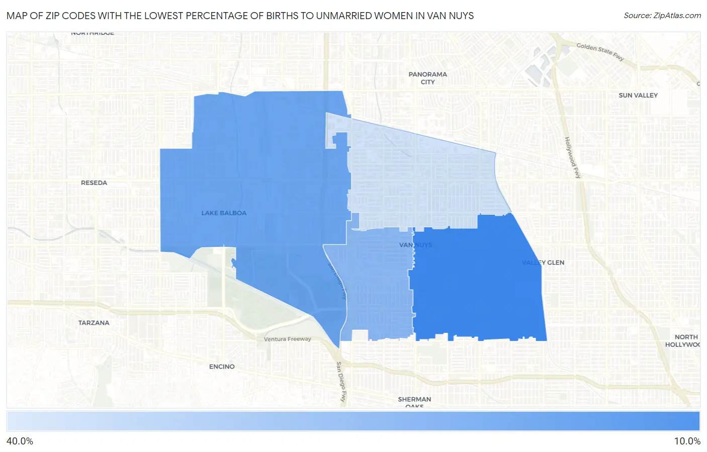 Zip Codes with the Lowest Percentage of Births to Unmarried Women in Van Nuys Map