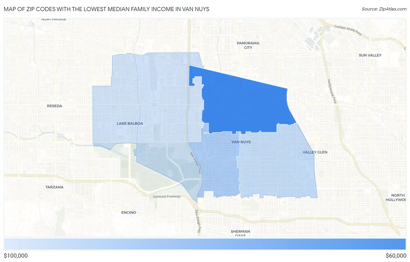 Zip Codes with the Lowest Median Family Income in Van Nuys Map