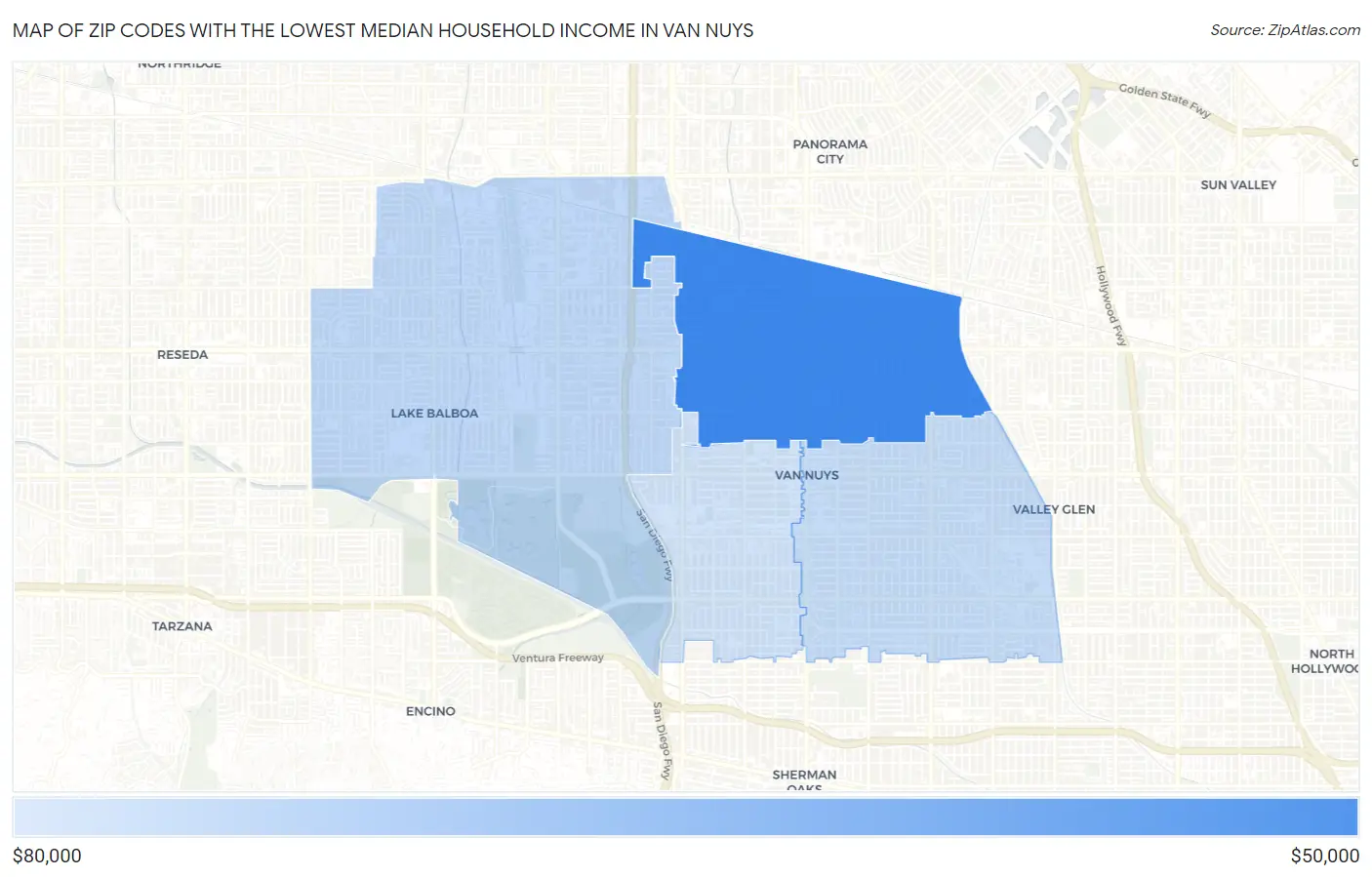 Zip Codes with the Lowest Median Household Income in Van Nuys Map