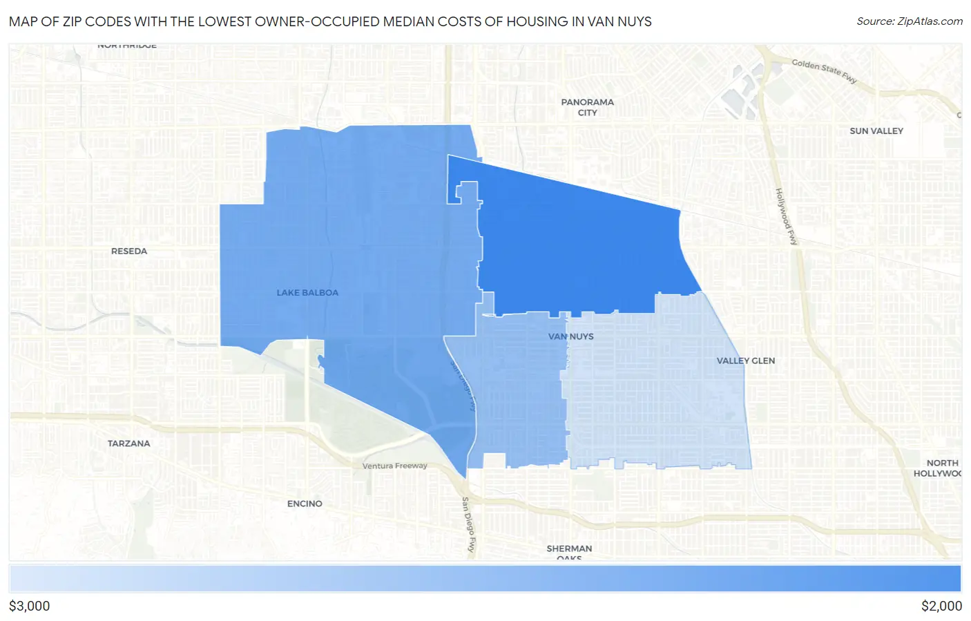 Zip Codes with the Lowest Owner-Occupied Median Costs of Housing in Van Nuys Map