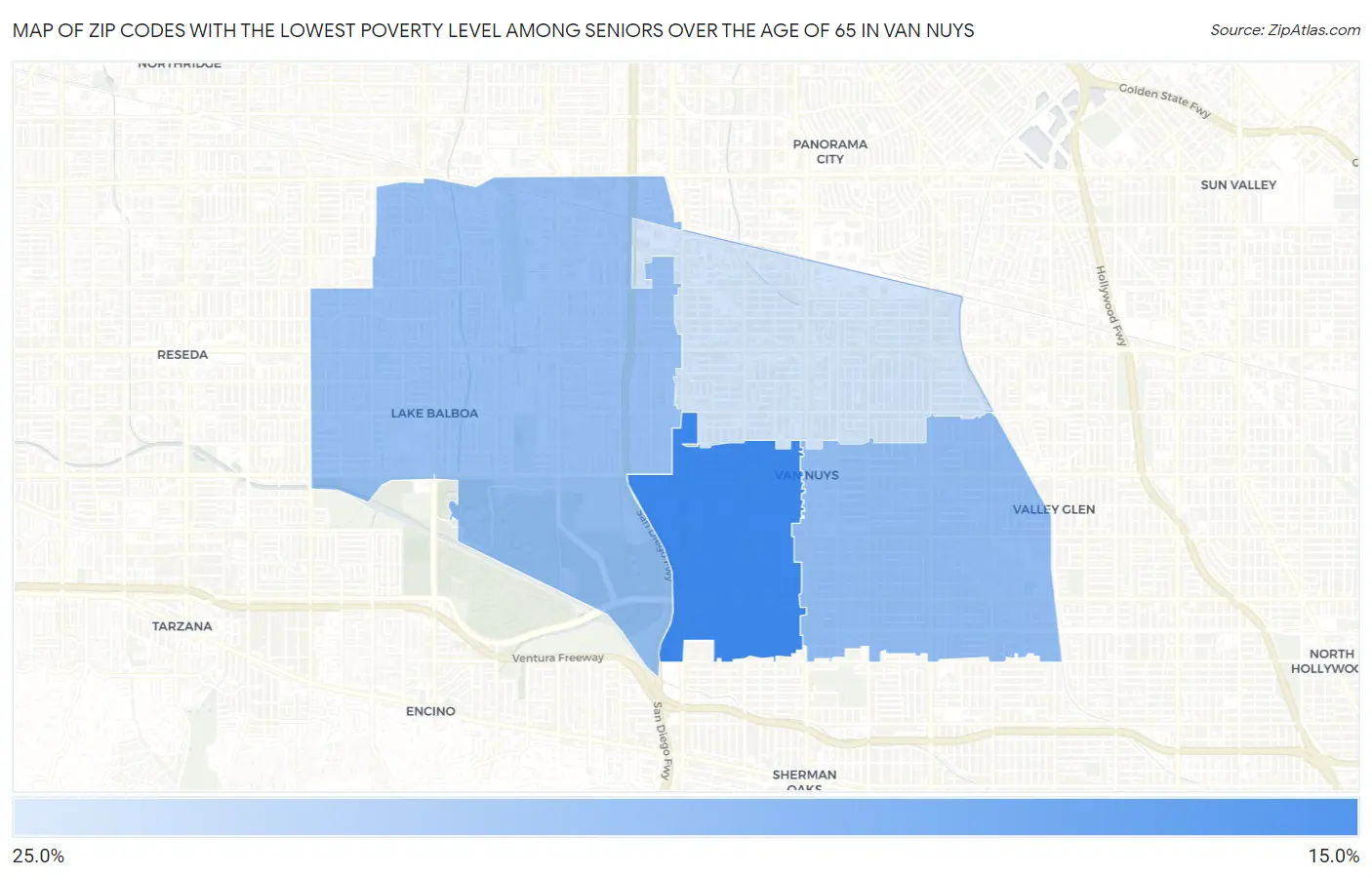 Zip Codes with the Lowest Poverty Level Among Seniors Over the Age of 65 in Van Nuys Map