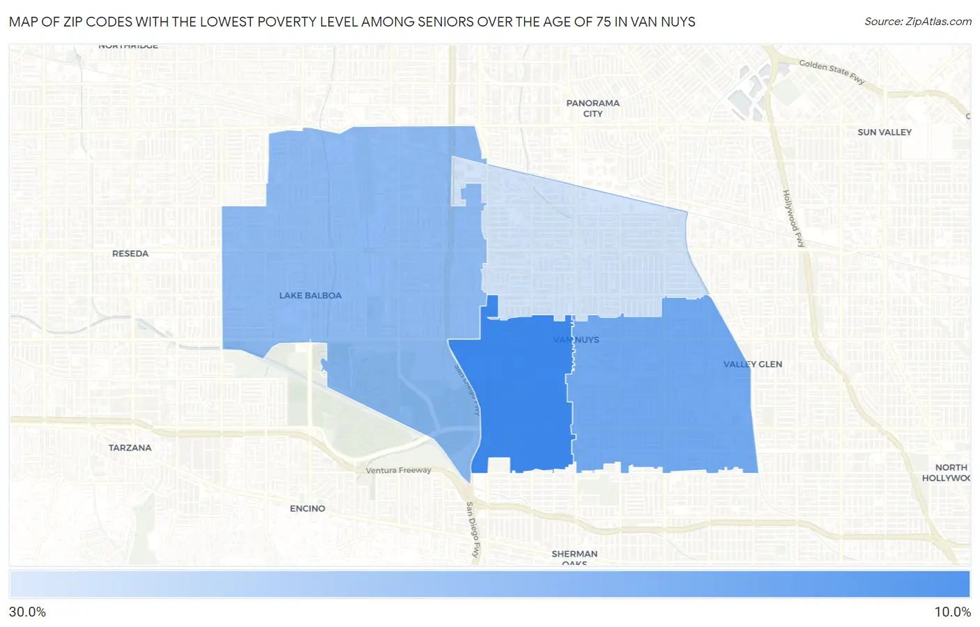 Zip Codes with the Lowest Poverty Level Among Seniors Over the Age of 75 in Van Nuys Map